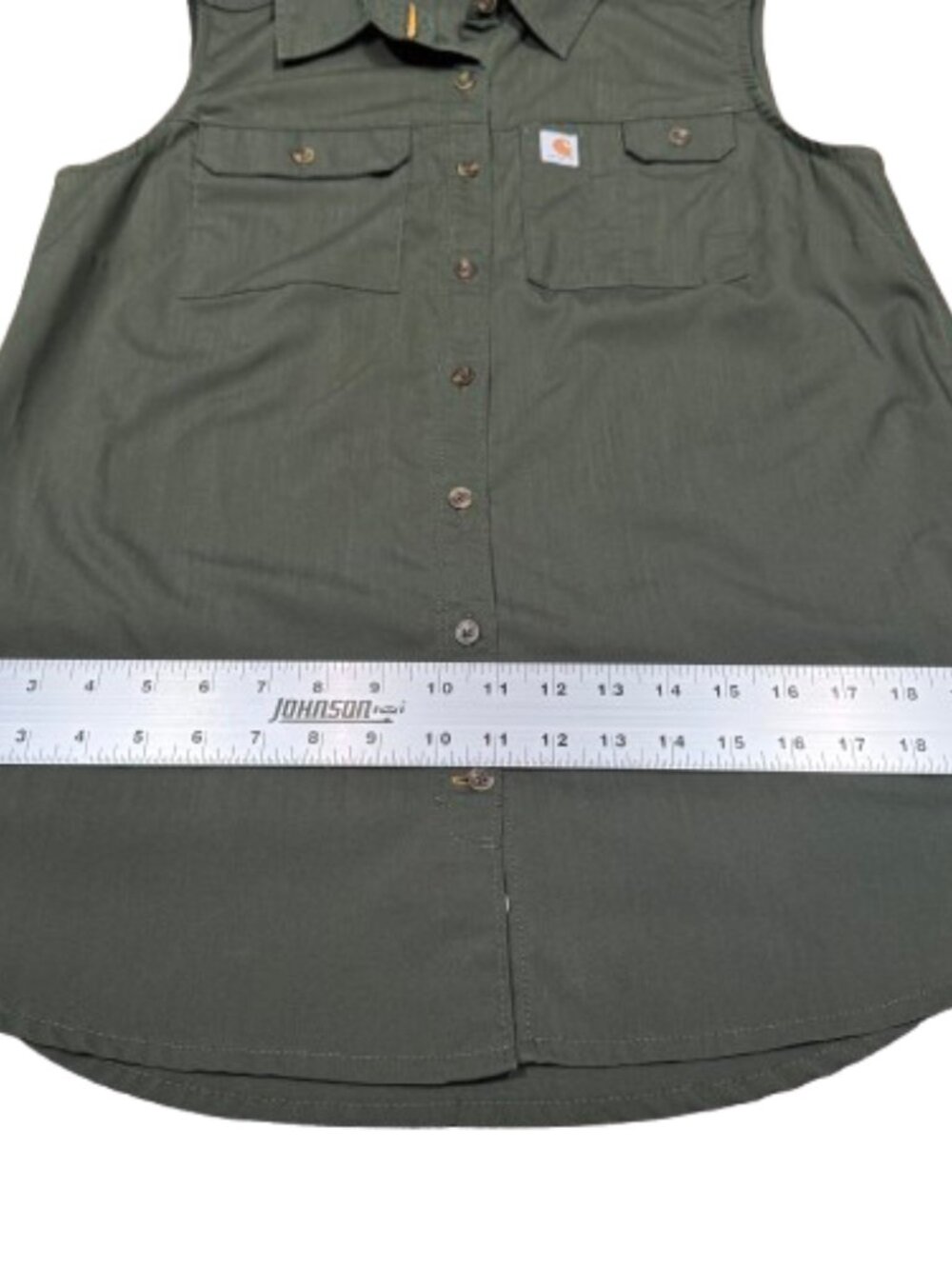 Carhartt Women’s Sleeveless Button Up Collared Green Gorpcore Granola Top (SZ M) - Picture 11 of 13